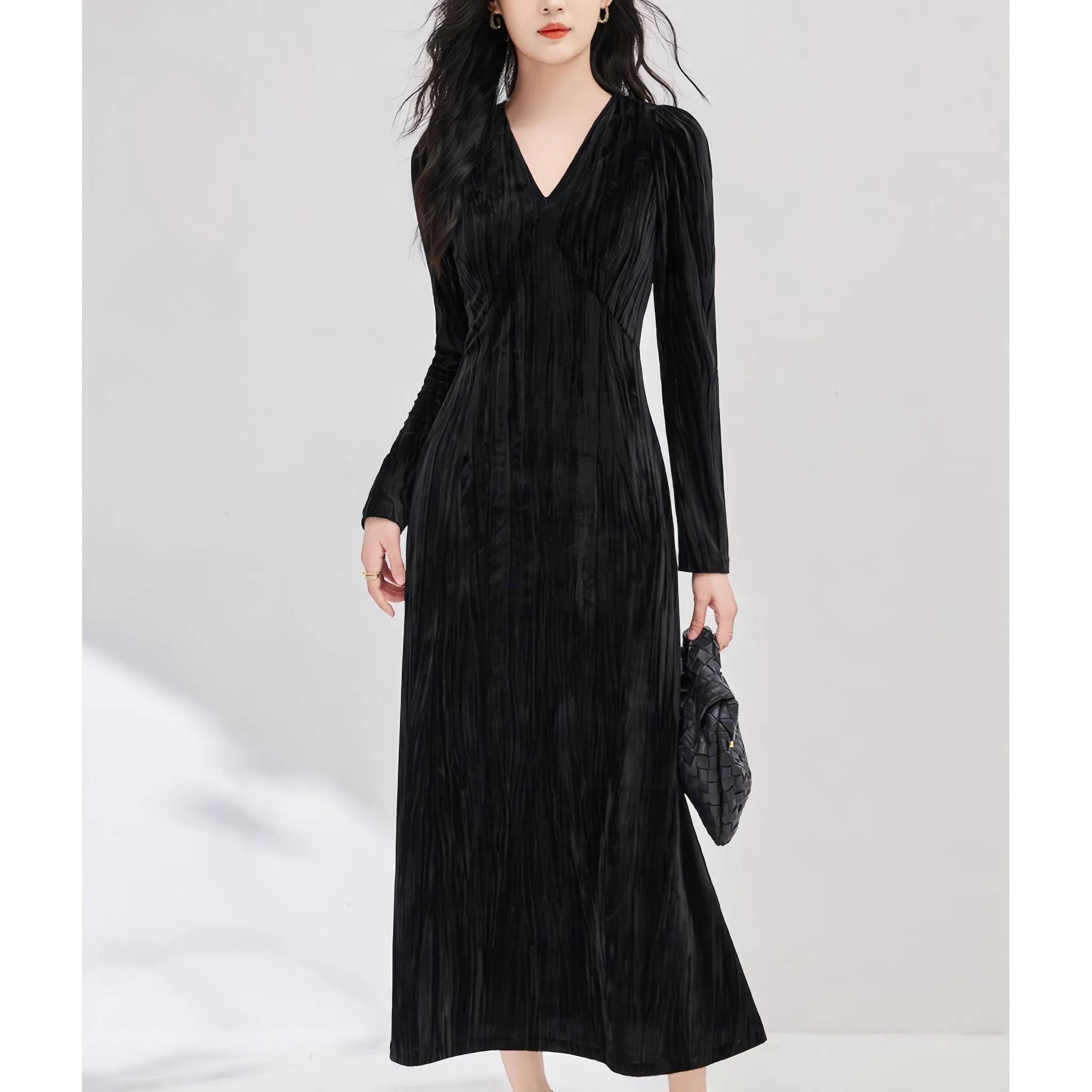 Velvet V-Neck Long Sleeve Maxi Dress
