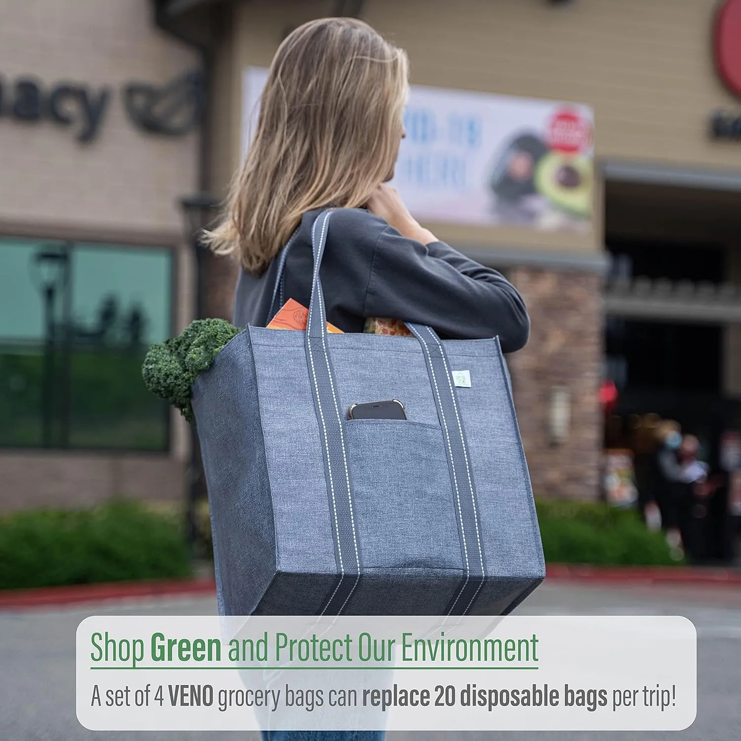 VENO 4 Pack Reusable Grocery Bags with Hard Bottom, Heavy Duty Foldable Shopping Bags for Cart (Random Colors, 4 Pack)