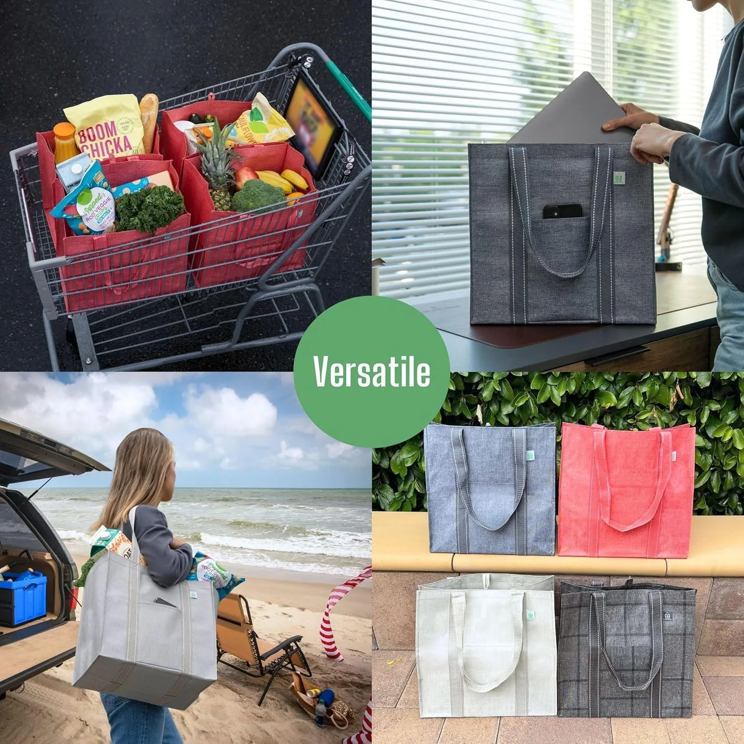 VENO 4 Pack Reusable Grocery Bags with Hard Bottom, Heavy Duty Foldable Shopping Bags for Cart (Random Colors, 4 Pack)