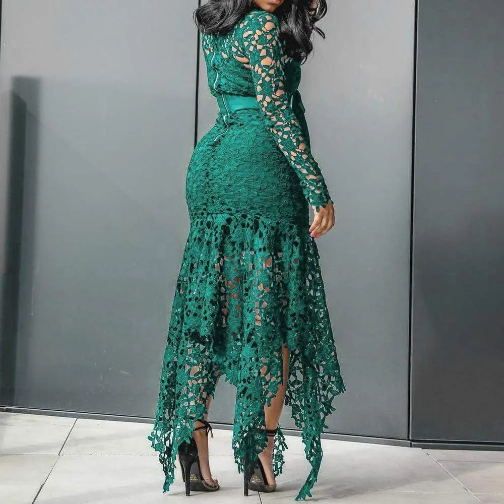 VERWIN Hollow Floor-Length Lace-Up Asymmetrical Women's Maxi Dress Sexy Lace Dress Party Evening Dress