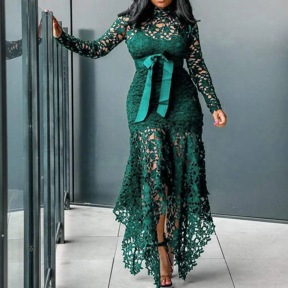 VERWIN Hollow Floor-Length Lace-Up Asymmetrical Women's Maxi Dress Sexy Lace Dress Party Evening Dress