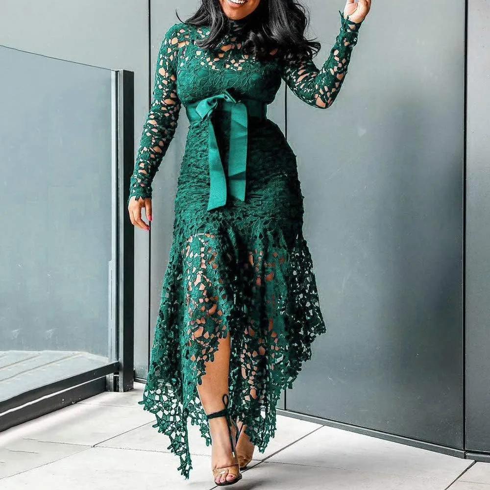 VERWIN Hollow Floor-Length Lace-Up Asymmetrical Women's Maxi Dress Sexy Lace Dress Party Evening Dress