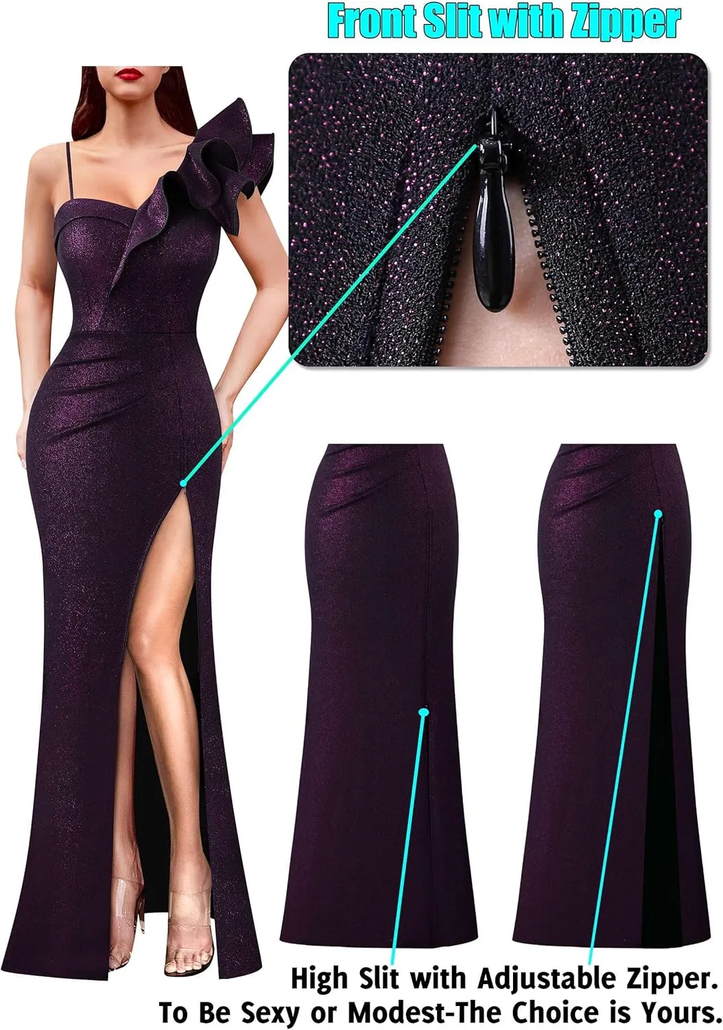 VFSHOW Womens Ruffle One Shoulder Strap Ruched Formal Prom Wedding Maxi Dress V Neck Elegant Split Cocktail Evening Long Gown