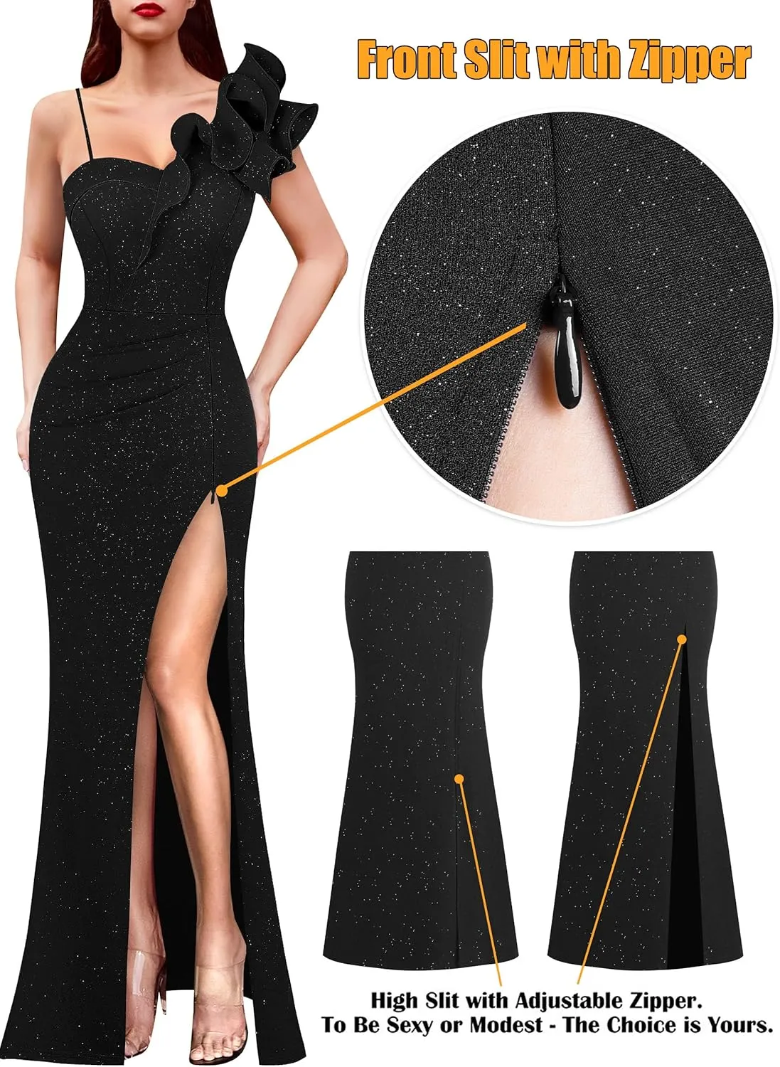 VFSHOW Womens Ruffle One Shoulder Strap Ruched Formal Prom Wedding Maxi Dress V Neck Elegant Split Cocktail Evening Long Gown