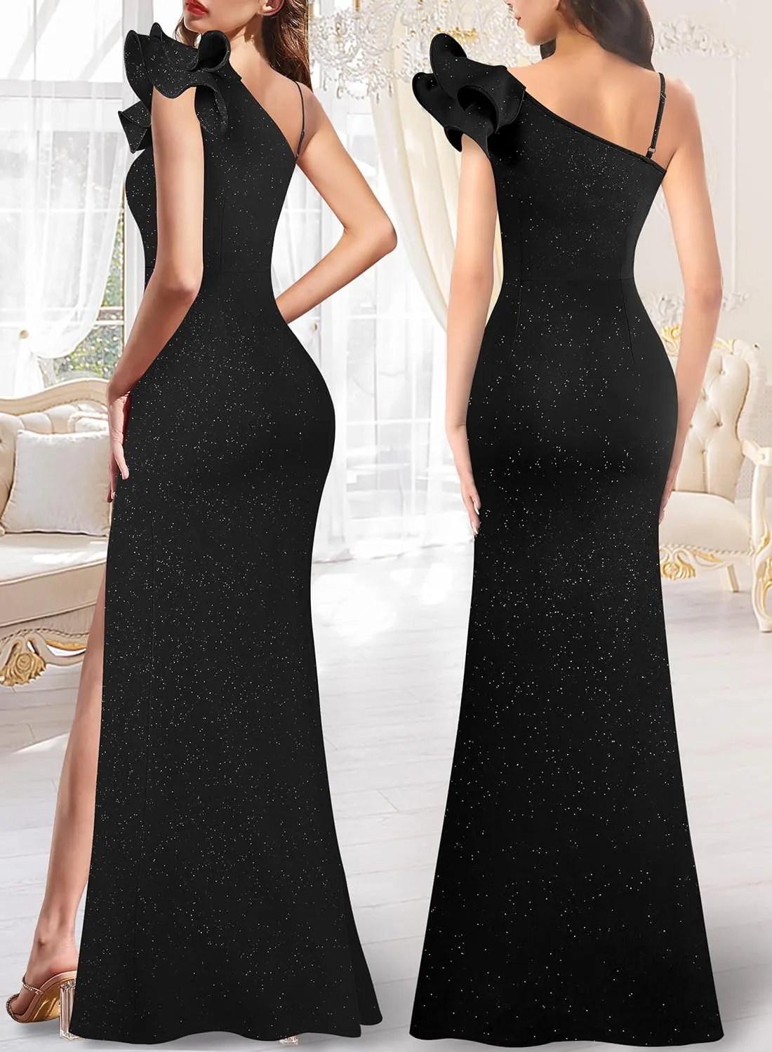VFSHOW Womens Ruffle One Shoulder Strap Ruched Formal Prom Wedding Maxi Dress V Neck Elegant Split Cocktail Evening Long Gown