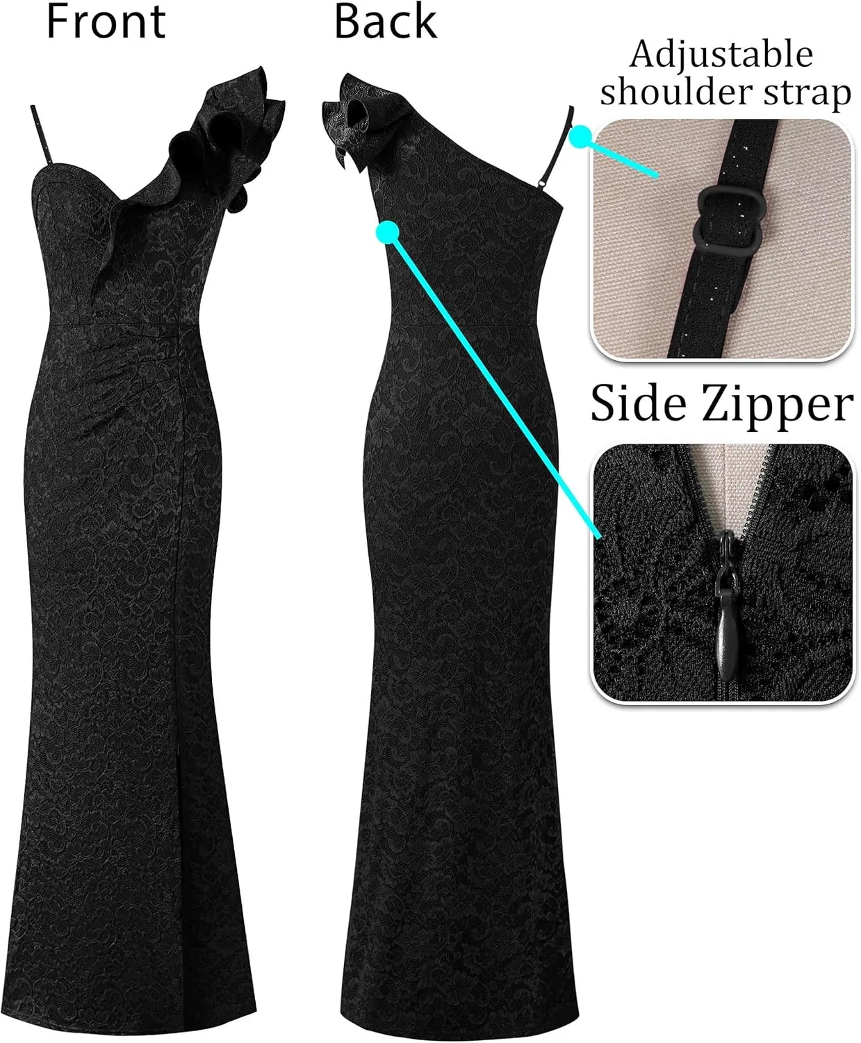 VFSHOW Womens Ruffle One Shoulder Strap Ruched Formal Prom Wedding Maxi Dress V Neck Elegant Split Cocktail Evening Long Gown