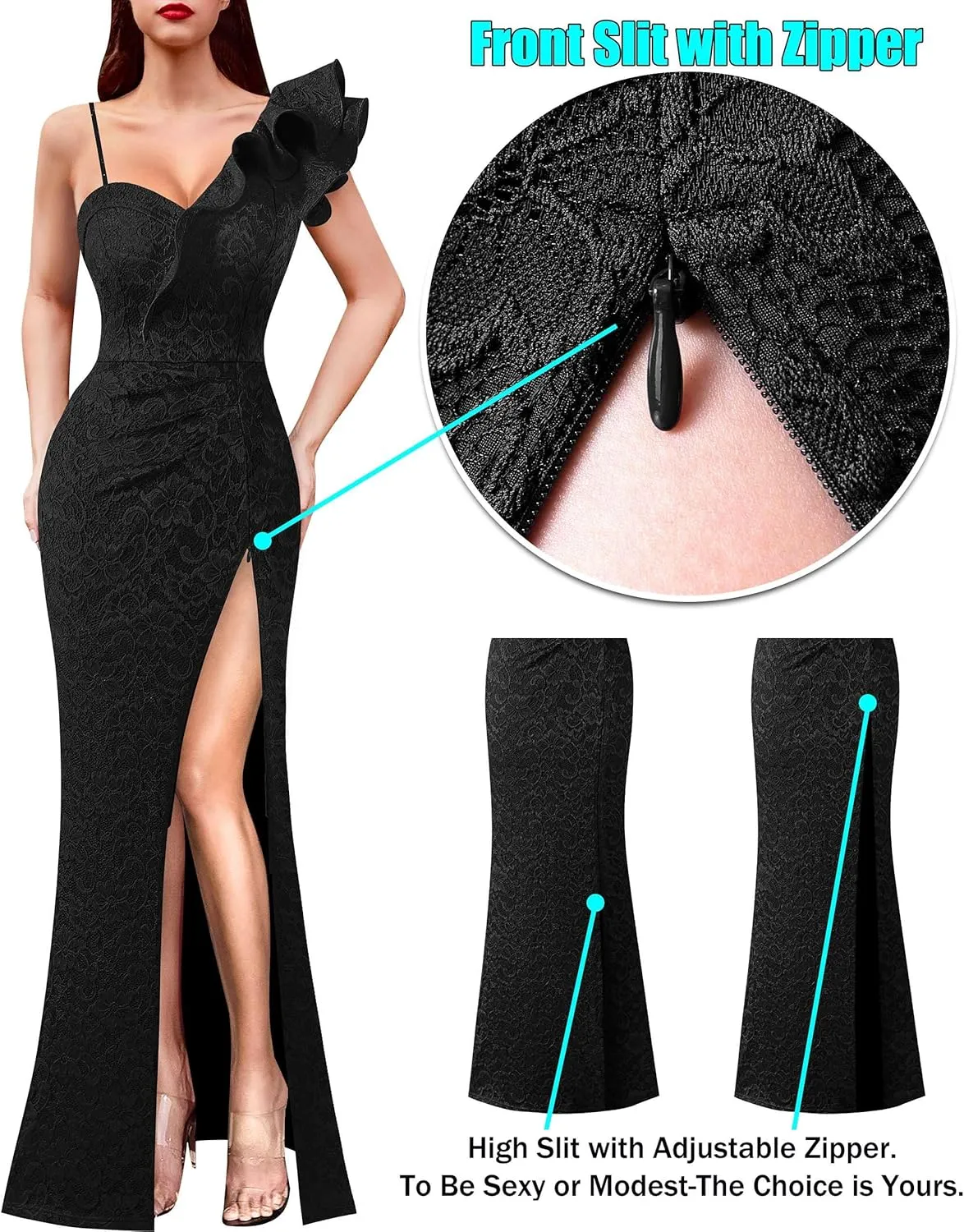 VFSHOW Womens Ruffle One Shoulder Strap Ruched Formal Prom Wedding Maxi Dress V Neck Elegant Split Cocktail Evening Long Gown
