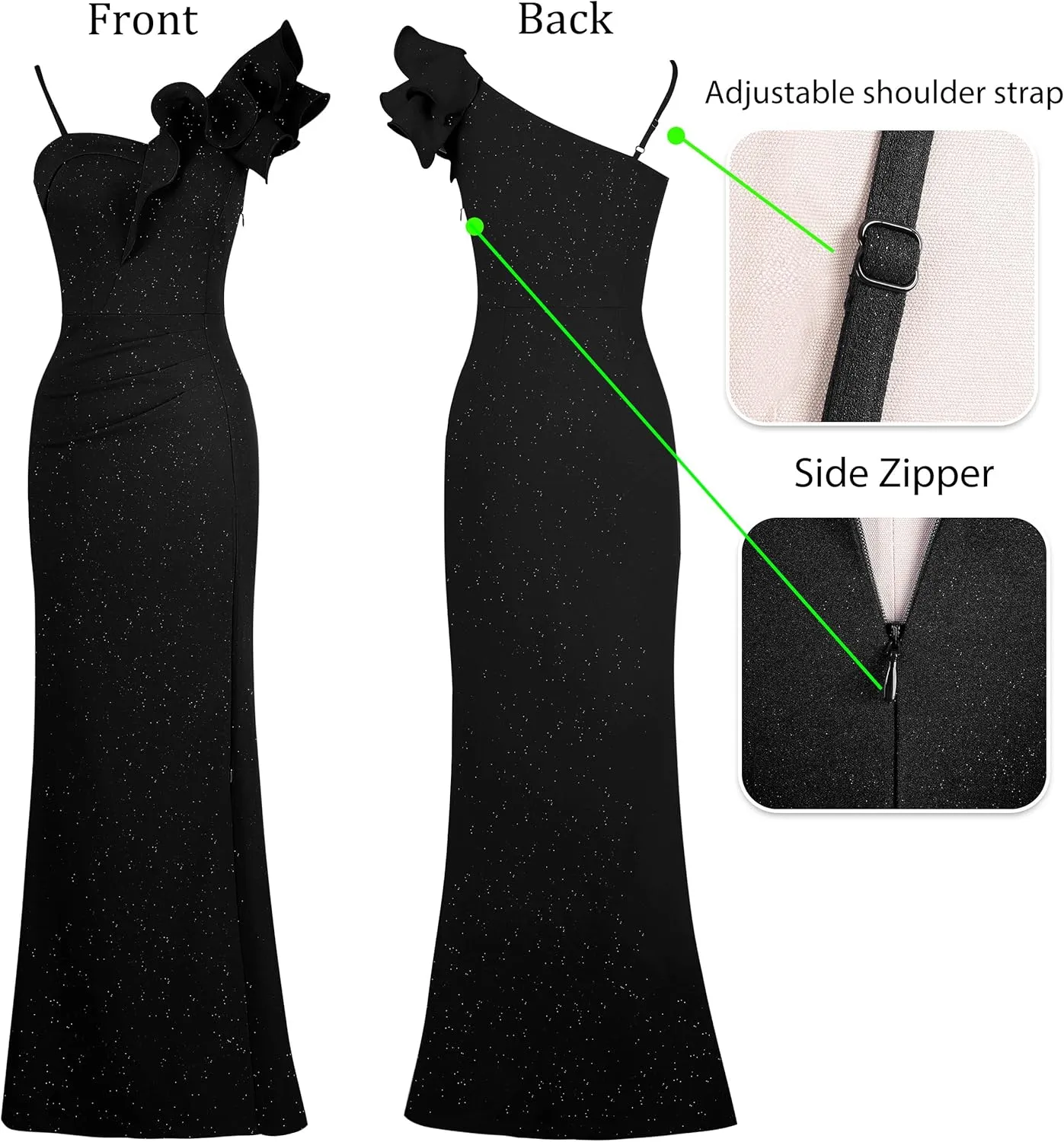 VFSHOW Womens Ruffle One Shoulder Strap Ruched Formal Prom Wedding Maxi Dress V Neck Elegant Split Cocktail Evening Long Gown