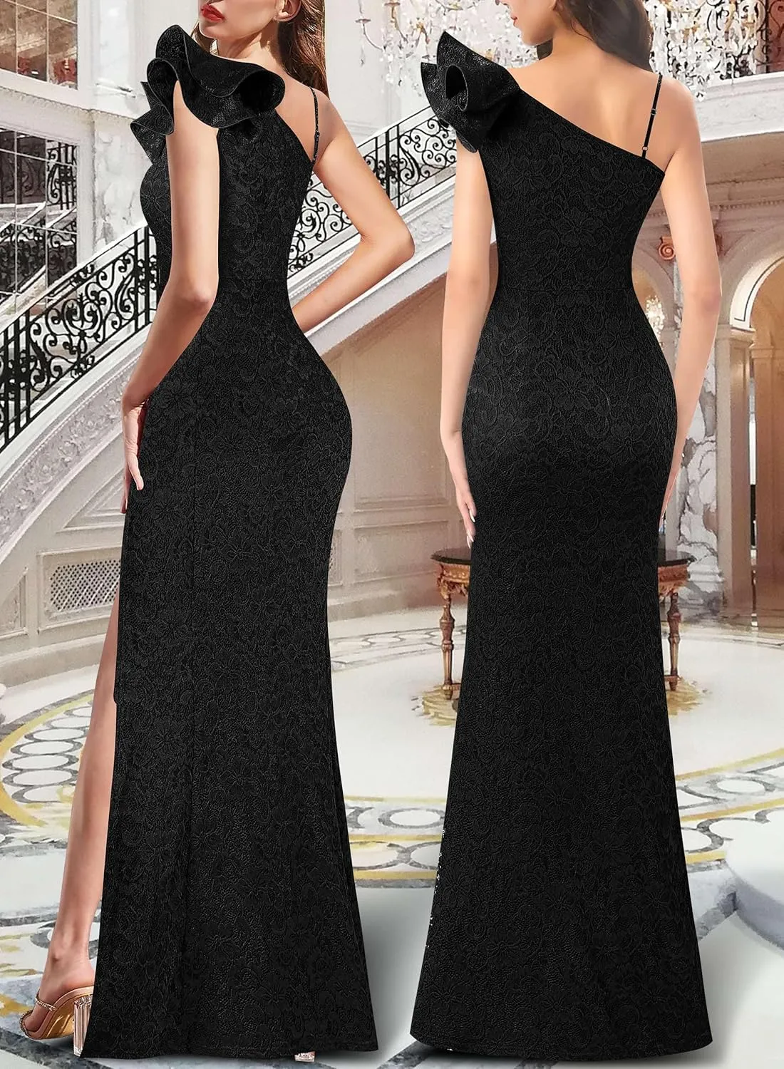 VFSHOW Womens Ruffle One Shoulder Strap Ruched Formal Prom Wedding Maxi Dress V Neck Elegant Split Cocktail Evening Long Gown