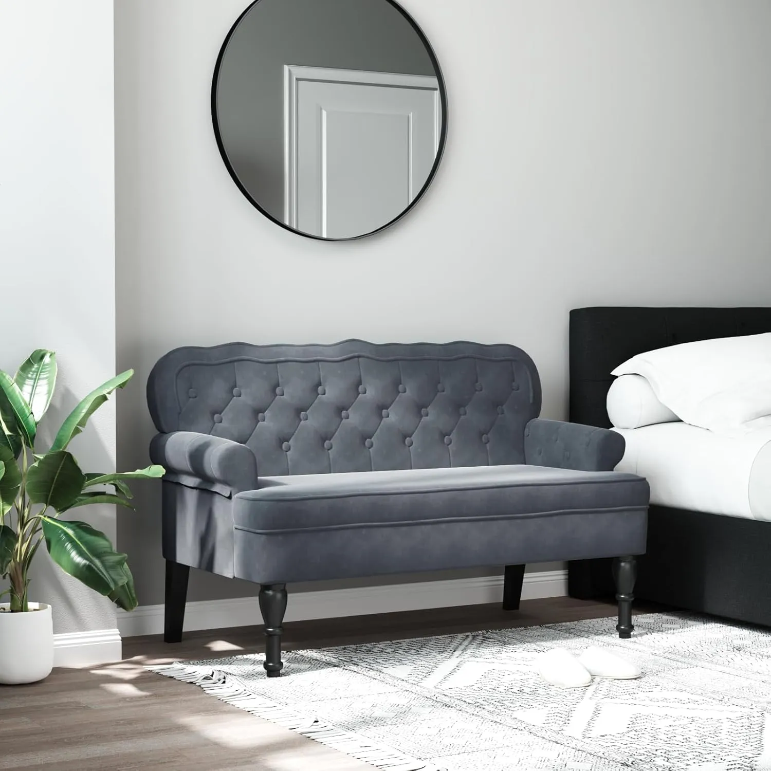 vidaXL 47" W Small Loveseat, Velvet Chesterfield Sofa with Button Tufting & Rolled Armrests for Small Spaces, 2 Seater Couch for Living Room & Bedroom, Dark Gray