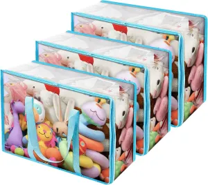 Vieshful 3 Pack Clear Clothes Storage Bag, 40L Zippered Closet Organizer, Plastic Storage Containers Moving bags for Comforter, Blanket, Bedding, Duvet, Toys (Blue)