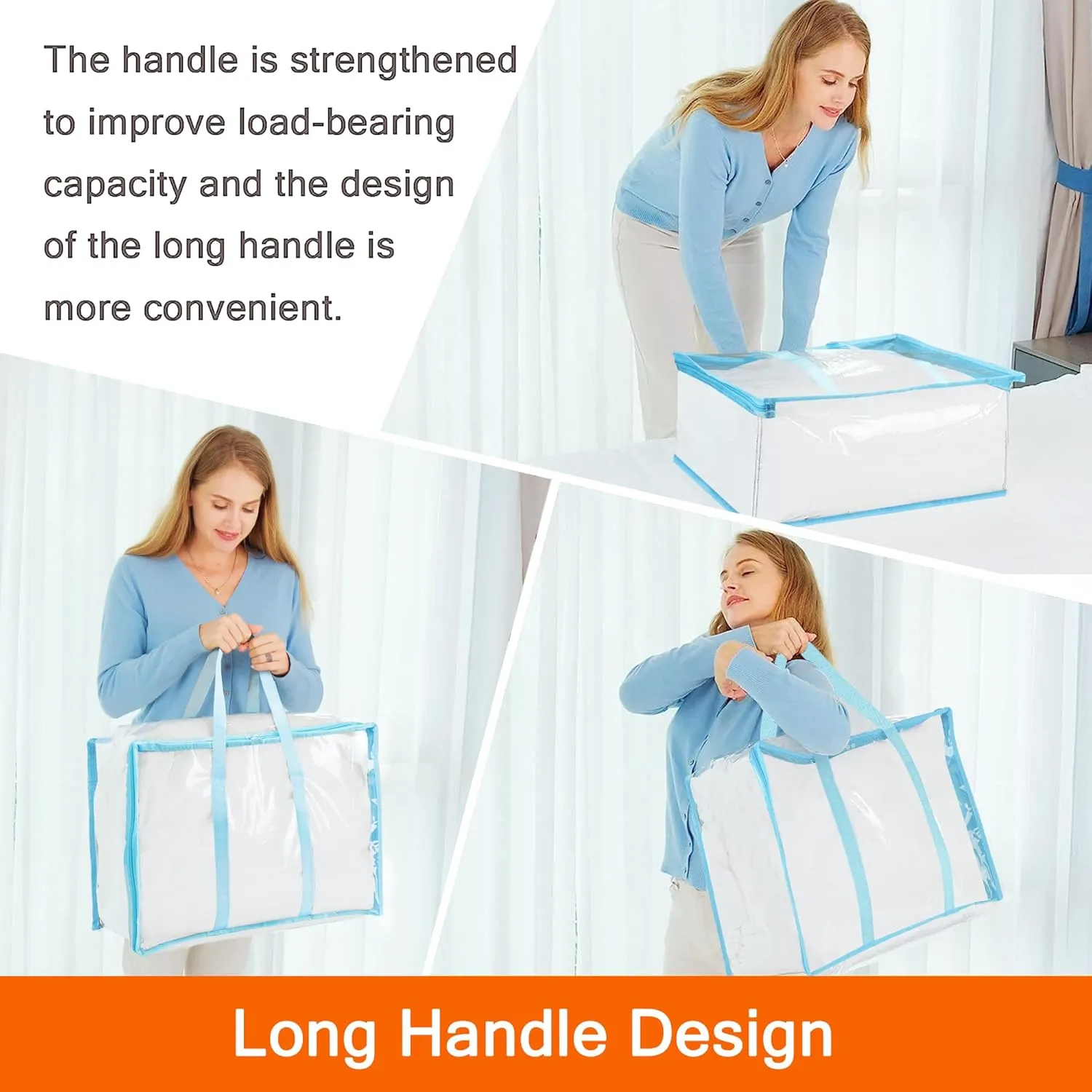 Vieshful 3 Pack Clear Clothes Storage Bag, 40L Zippered Closet Organizer, Plastic Storage Containers Moving bags for Comforter, Blanket, Bedding, Duvet, Toys (Blue)