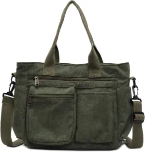 Vintage Corduroy Tote Bag with Zipper, Large Shoulder Bag for Women with Multi-Pocket, Lightweight Crossbody Purse
