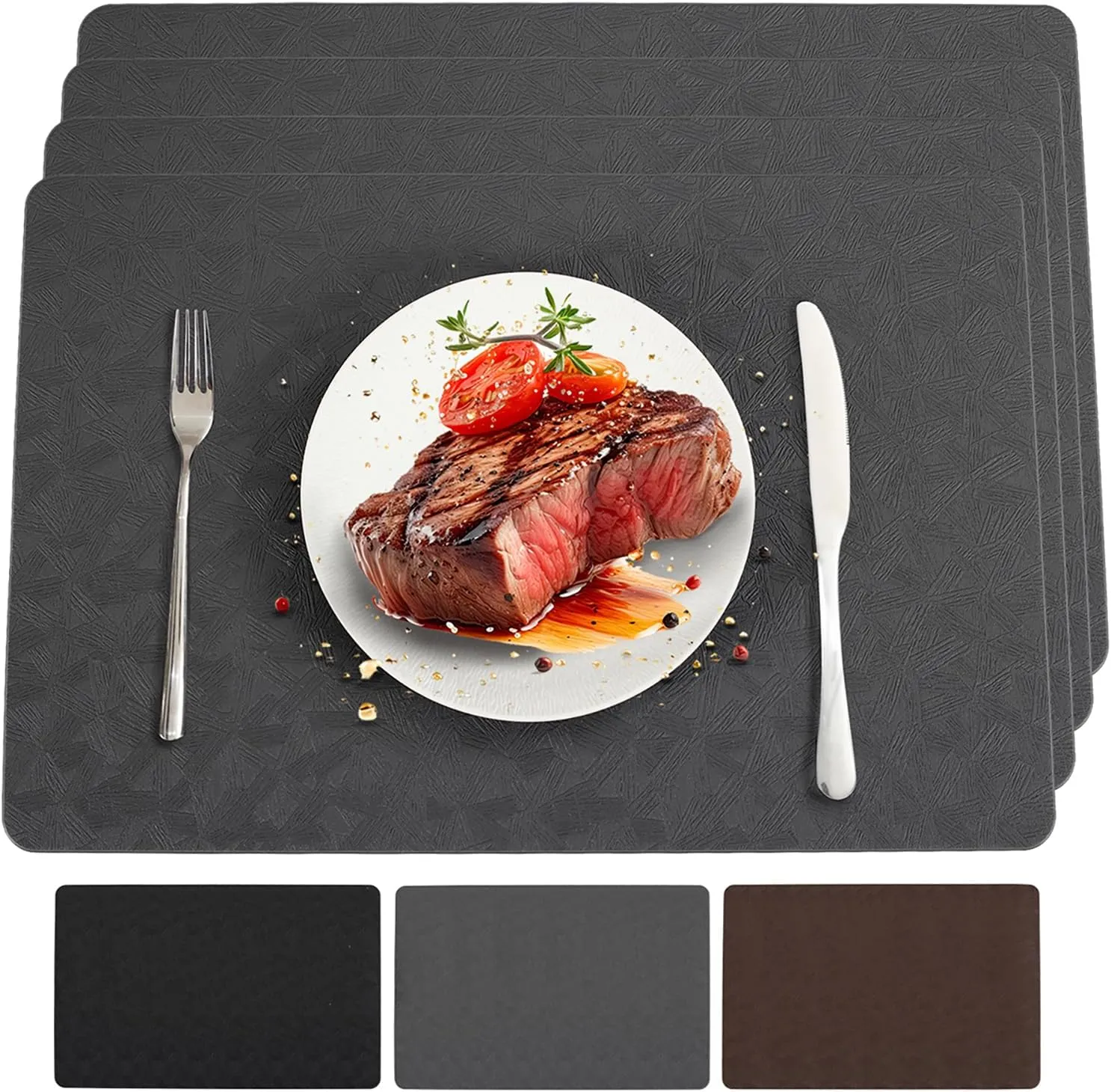 Vinyl Placemats Set of 4 100% Waterproof Oilproof PU Place Mats Heat Resistant Reversible Wipeable Faux Leather Table Mats for Dining Indoor/Outdoor and Kitchen(4, Gray)