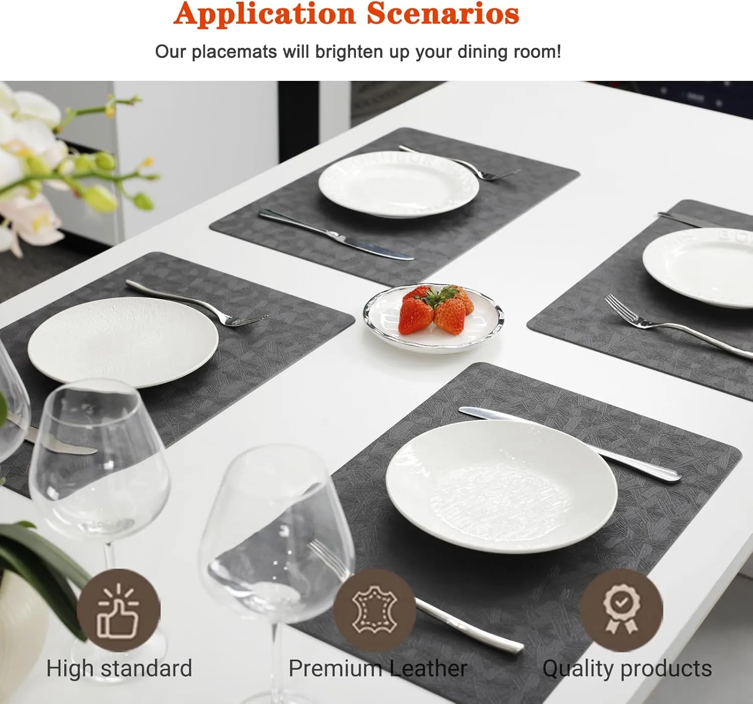 Vinyl Placemats Set of 4 100% Waterproof Oilproof PU Place Mats Heat Resistant Reversible Wipeable Faux Leather Table Mats for Dining Indoor/Outdoor and Kitchen(4, Gray)
