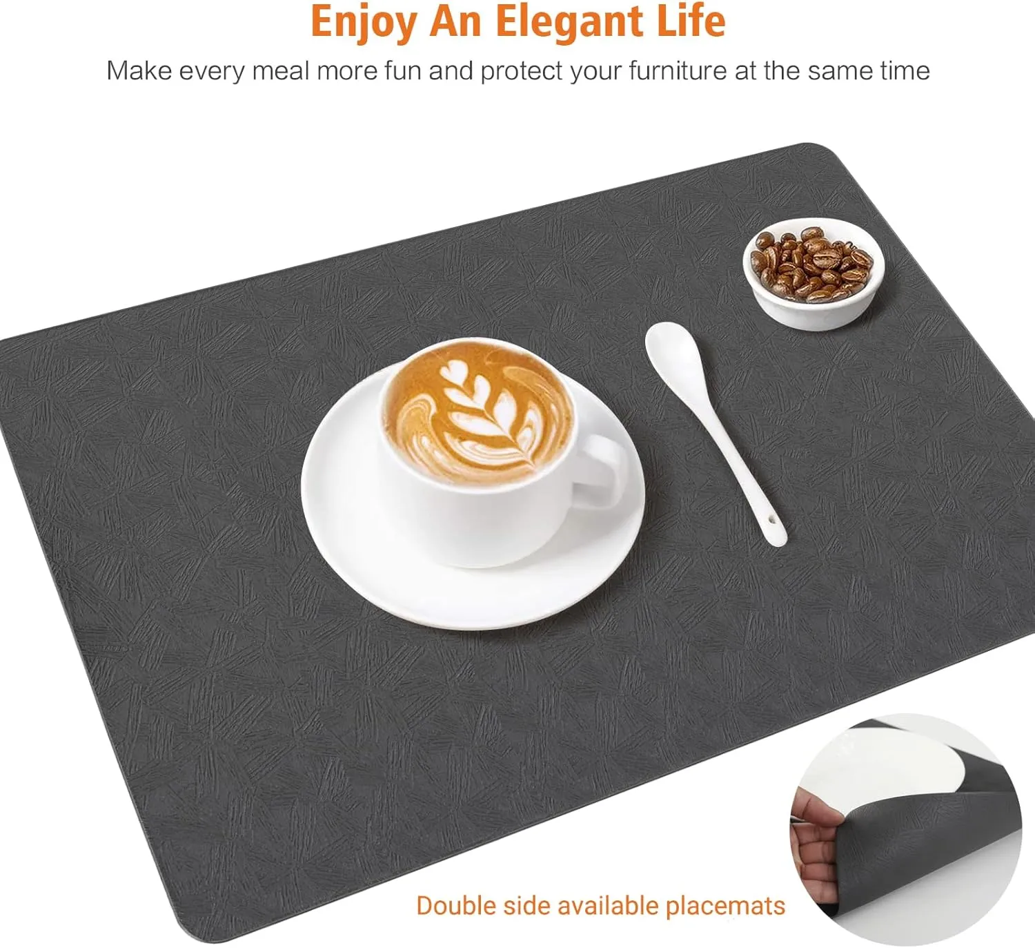 Vinyl Placemats Set of 4 100% Waterproof Oilproof PU Place Mats Heat Resistant Reversible Wipeable Faux Leather Table Mats for Dining Indoor/Outdoor and Kitchen(4, Gray)