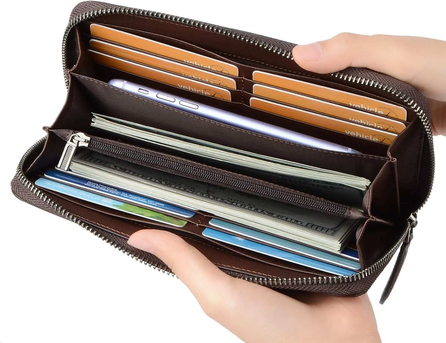 VISOUL Leather Long Zippered Pouch Wallet for Men with RFID Blocking Two-tone, Large Carbon Fiber Leather Clutch Cash Long Wallet with Zipper (Brown Brown)