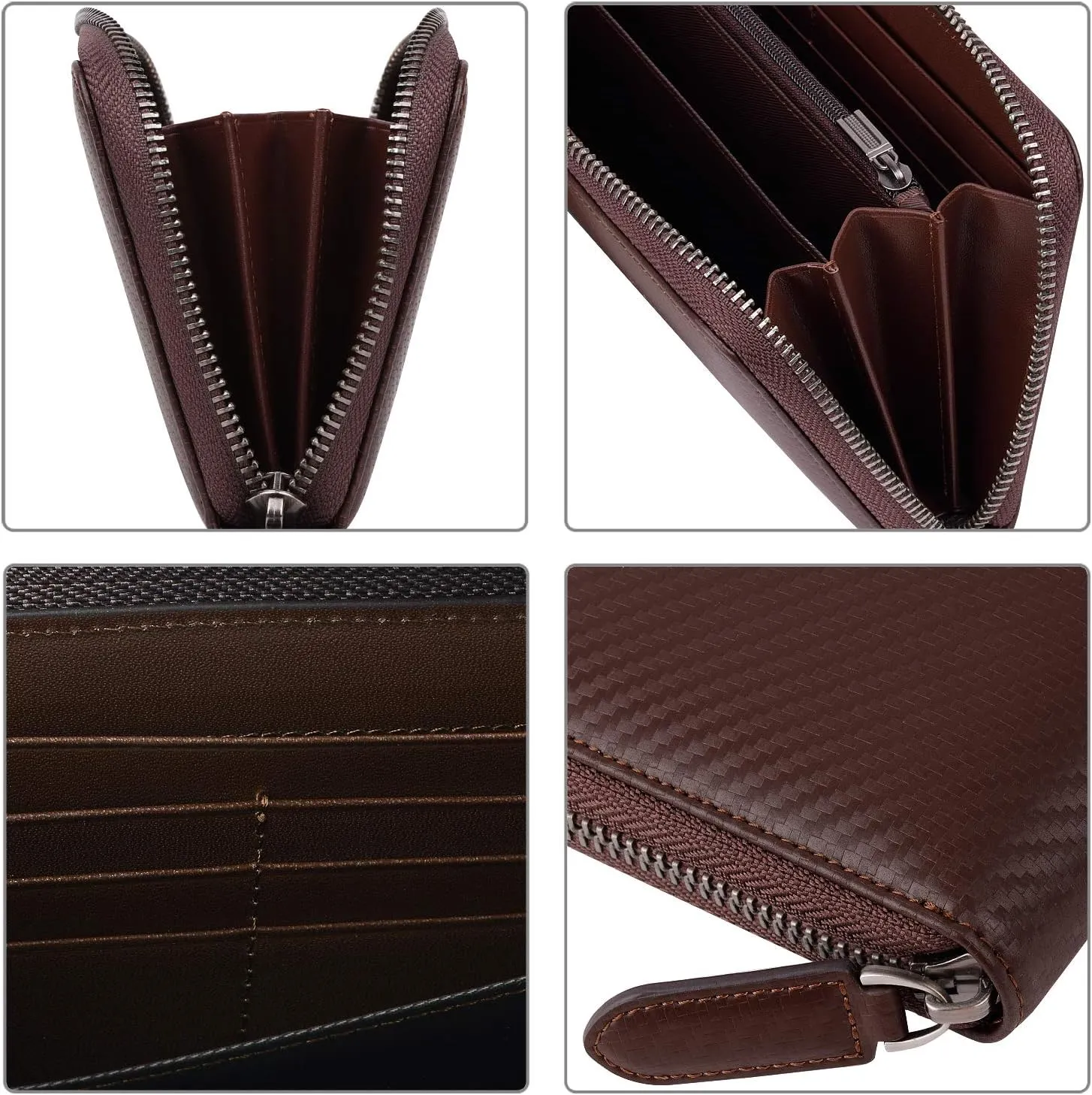 VISOUL Leather Long Zippered Pouch Wallet for Men with RFID Blocking Two-tone, Large Carbon Fiber Leather Clutch Cash Long Wallet with Zipper (Brown Brown)