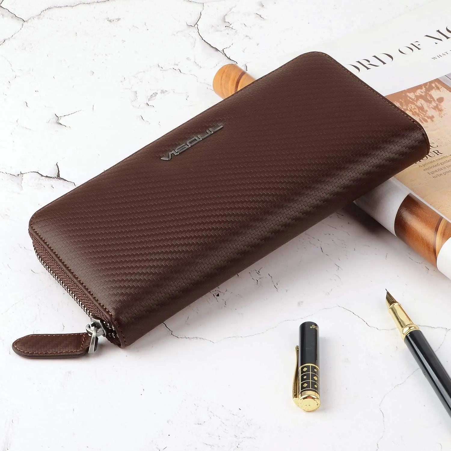 VISOUL Leather Long Zippered Pouch Wallet for Men with RFID Blocking Two-tone, Large Carbon Fiber Leather Clutch Cash Long Wallet with Zipper (Brown Brown)