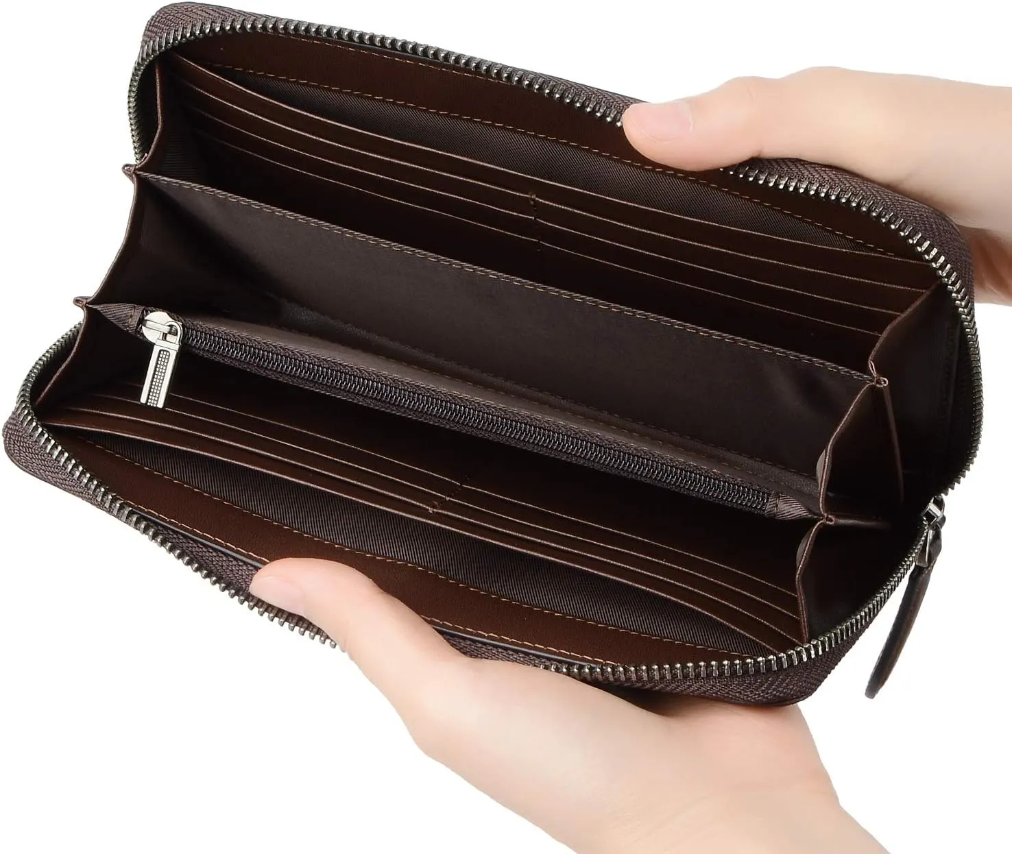 VISOUL Leather Long Zippered Pouch Wallet for Men with RFID Blocking Two-tone, Large Carbon Fiber Leather Clutch Cash Long Wallet with Zipper (Brown Brown)