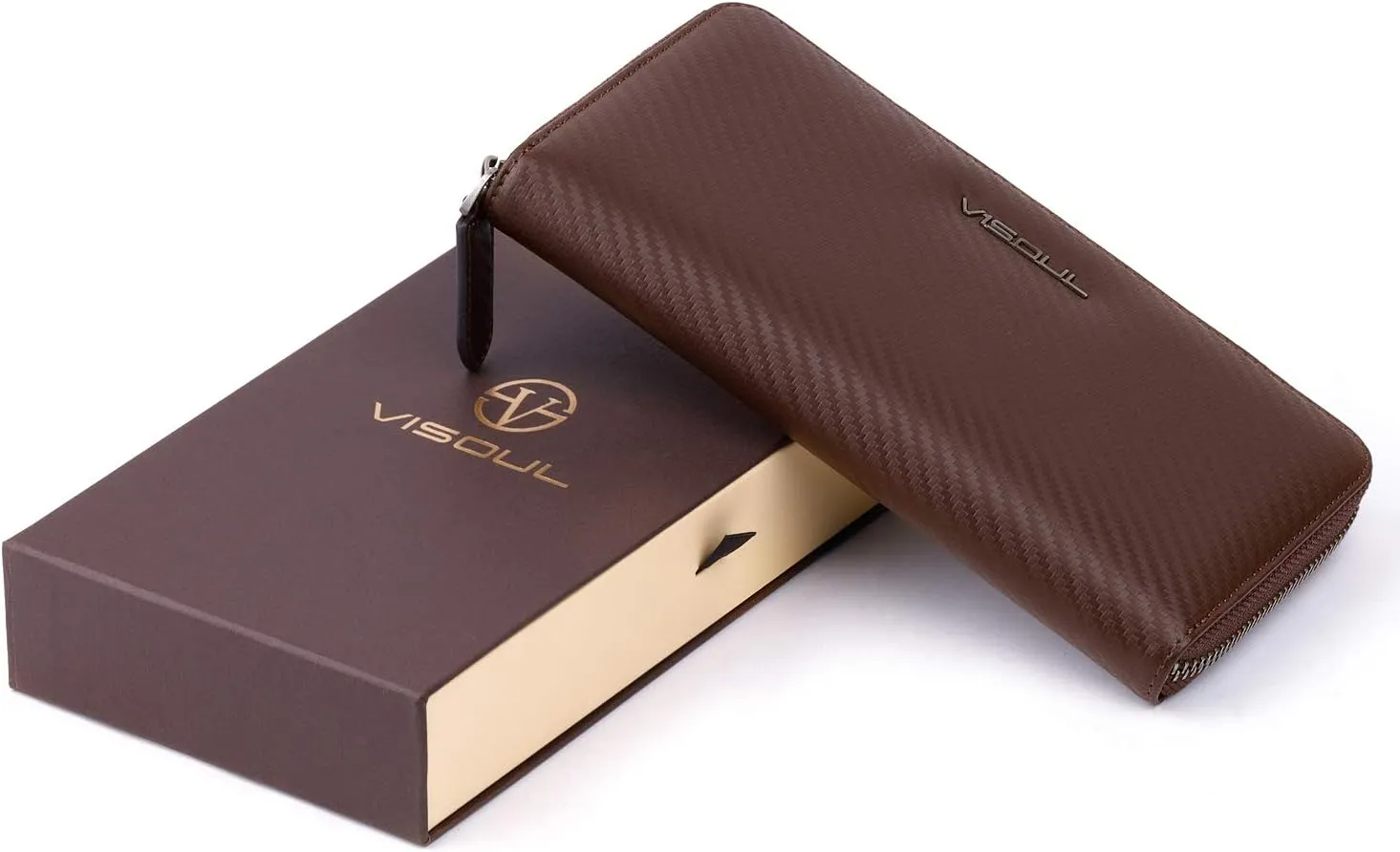 VISOUL Leather Long Zippered Pouch Wallet for Men with RFID Blocking Two-tone, Large Carbon Fiber Leather Clutch Cash Long Wallet with Zipper (Brown Brown)