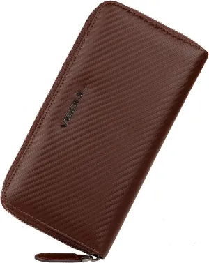 VISOUL Leather Long Zippered Pouch Wallet for Men with RFID Blocking Two-tone, Large Carbon Fiber Leather Clutch Cash Long Wallet with Zipper (Brown Brown)