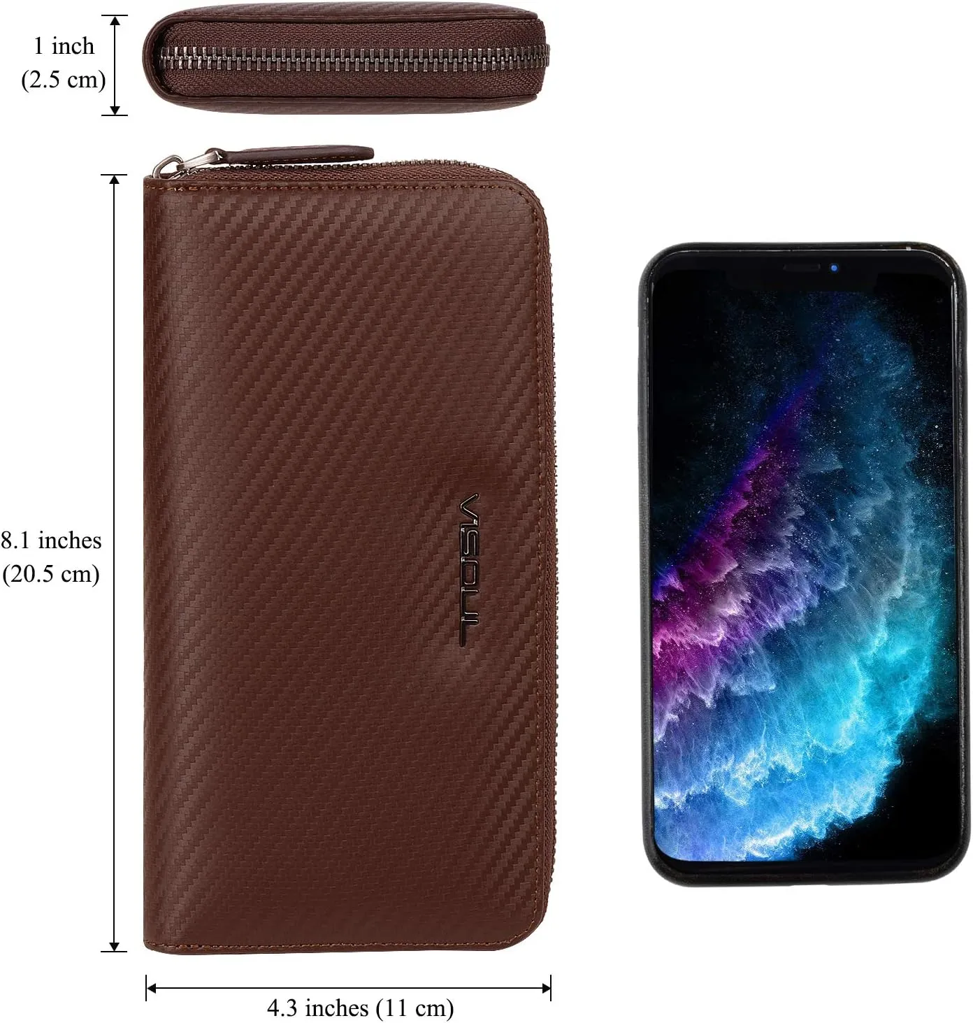 VISOUL Leather Long Zippered Pouch Wallet for Men with RFID Blocking Two-tone, Large Carbon Fiber Leather Clutch Cash Long Wallet with Zipper (Brown Brown)