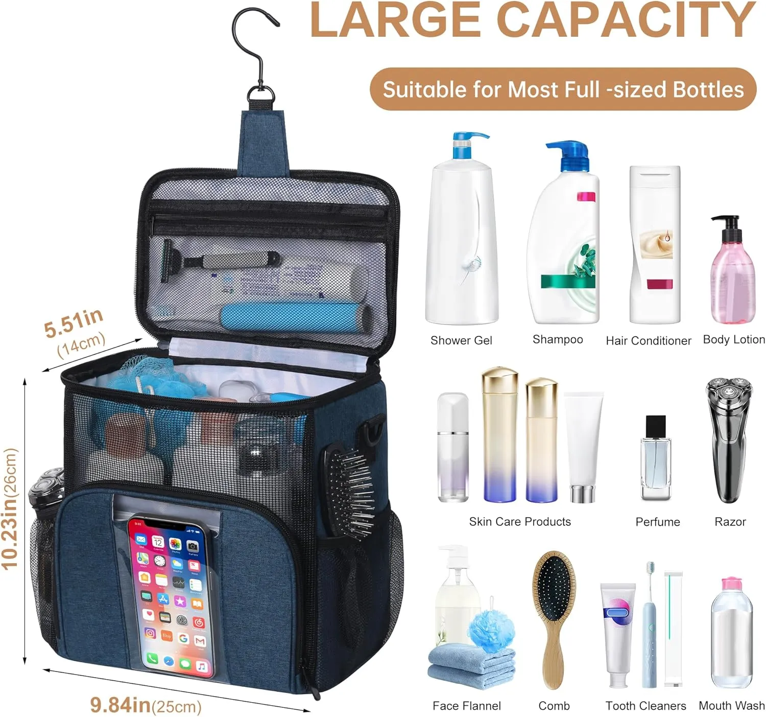 VOCUS Portable Shower Caddy College Tote Bag, Toiletry Bag for Men and Women,Travel Toiletry Organizer Bag with Hanging Hook,Large Water-resistant Shaving Bag for Toiletries Accessories