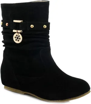 VOKLIN Women's Casual Round Toe Slouch Ankle Boots Suede Metallic Pull On Low Wedge Hidden Heel Short Booties