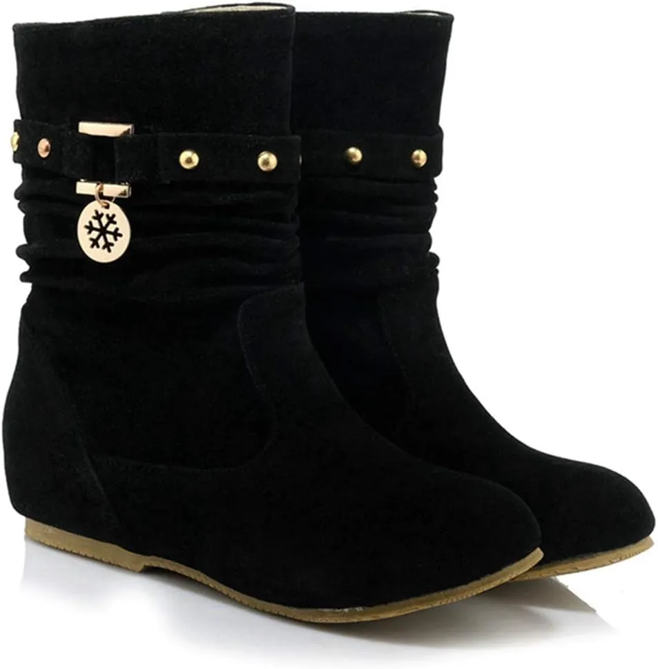 VOKLIN Women's Casual Round Toe Slouch Ankle Boots Suede Metallic Pull On Low Wedge Hidden Heel Short Booties