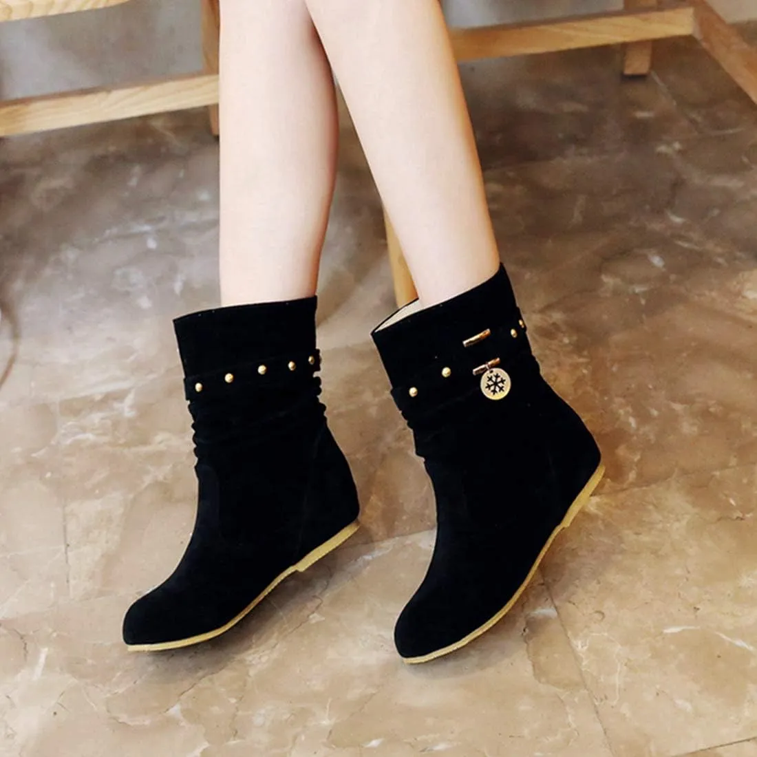 VOKLIN Women's Casual Round Toe Slouch Ankle Boots Suede Metallic Pull On Low Wedge Hidden Heel Short Booties