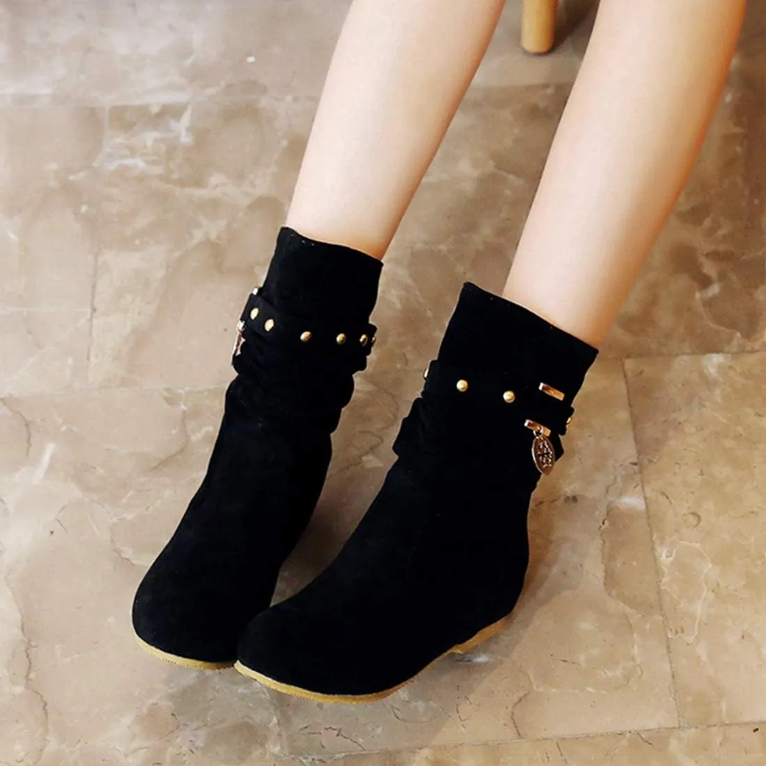 VOKLIN Women's Casual Round Toe Slouch Ankle Boots Suede Metallic Pull On Low Wedge Hidden Heel Short Booties