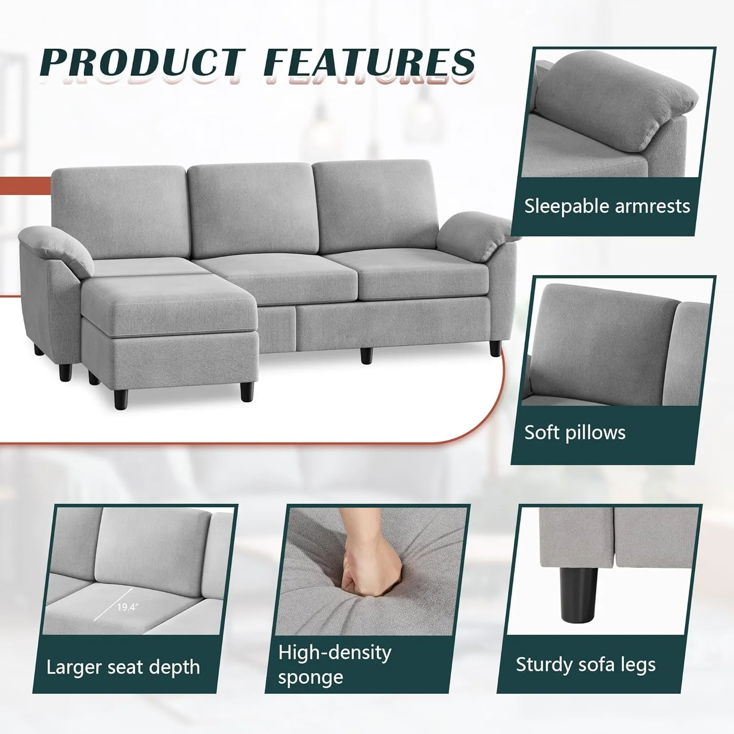 Vongrasig 79" Convertible Sectional Sofa Couch, 3 Seat L Shaped Couch with Removable Pillows Linen Fabric Small Couches Mid Century for Living Room, Apartment and Office (Light Grey)