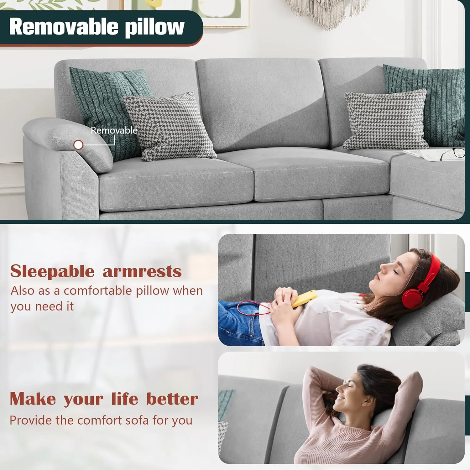 Vongrasig 79" Convertible Sectional Sofa Couch, 3 Seat L Shaped Couch with Removable Pillows Linen Fabric Small Couches Mid Century for Living Room, Apartment and Office (Light Grey)