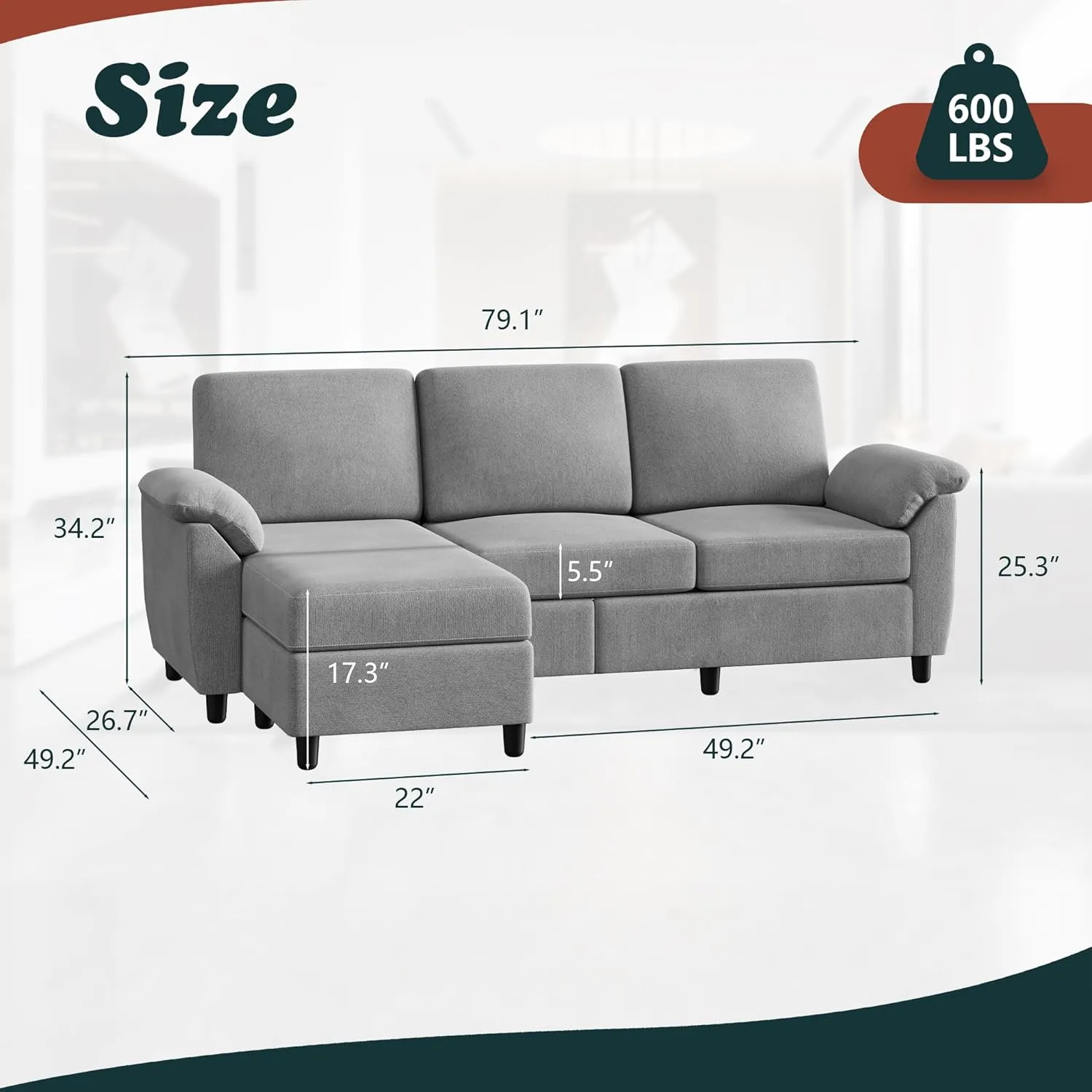 Vongrasig 79" Convertible Sectional Sofa Couch, 3 Seat L Shaped Couch with Removable Pillows Linen Fabric Small Couches Mid Century for Living Room, Apartment and Office (Light Grey)