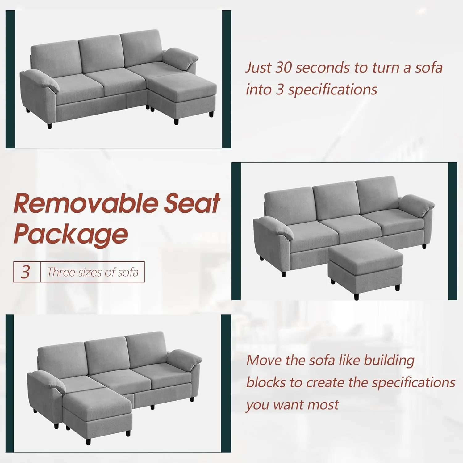 Vongrasig 79" Convertible Sectional Sofa Couch, 3 Seat L Shaped Couch with Removable Pillows Linen Fabric Small Couches Mid Century for Living Room, Apartment and Office (Light Grey)