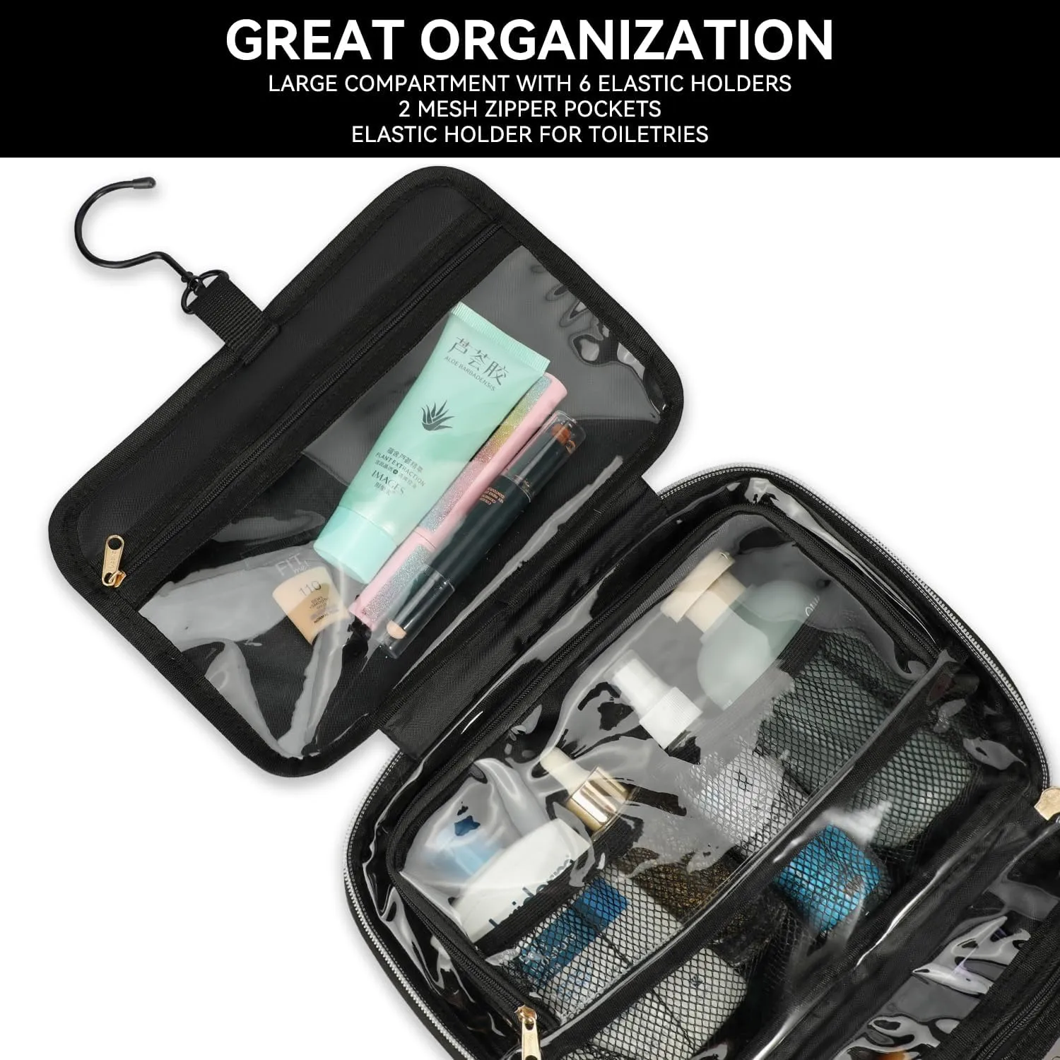 Voova Hanging Travel Toiletry Bag for Women Men, Waterproof Makeup Cosmetic Organizer Holder for Toiletries Accessories, Traveling Essentials,Shampoo,Full-Sized Container, Brushes Kit Set, Black