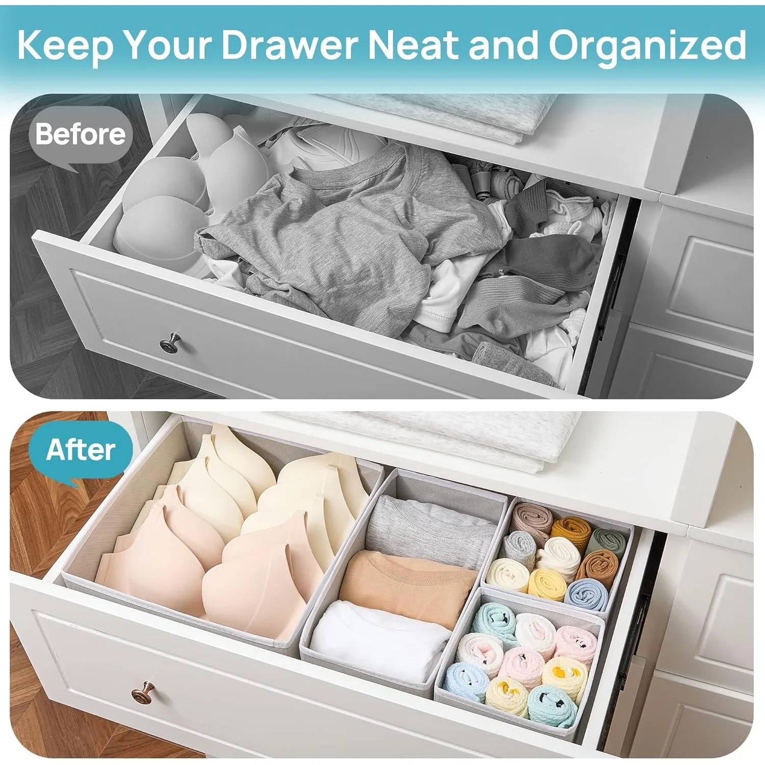 Vtopmart 12Pack Drawer Organizer Bins for Clothes, Foldable Fabric Closet Storage Organizer, Dresser Drawer Dividers for Baby Clothing, Bra, Socks, Ties, Scarf, Underwear