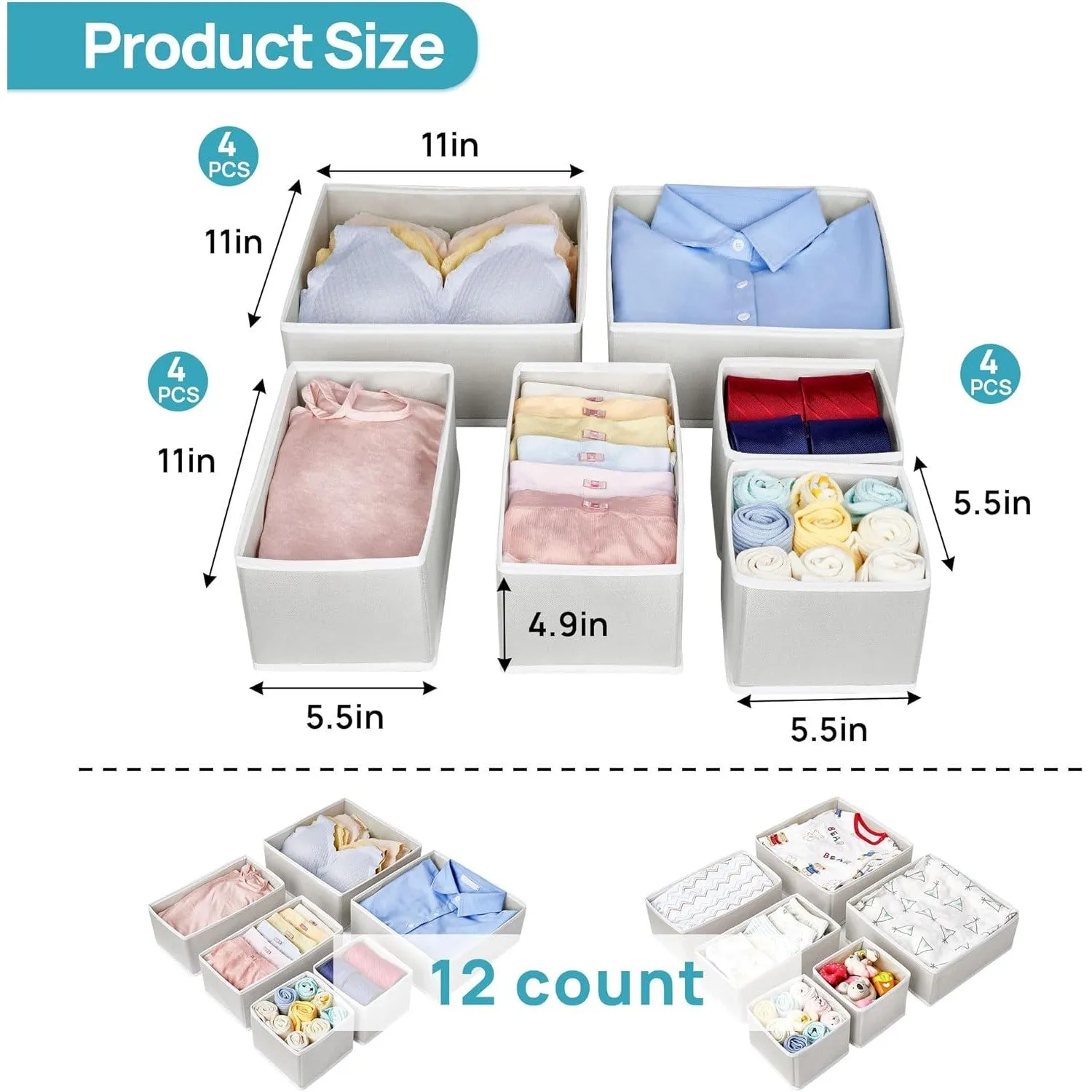 Vtopmart 12Pack Drawer Organizer Bins for Clothes, Foldable Fabric Closet Storage Organizer, Dresser Drawer Dividers for Baby Clothing, Bra, Socks, Ties, Scarf, Underwear