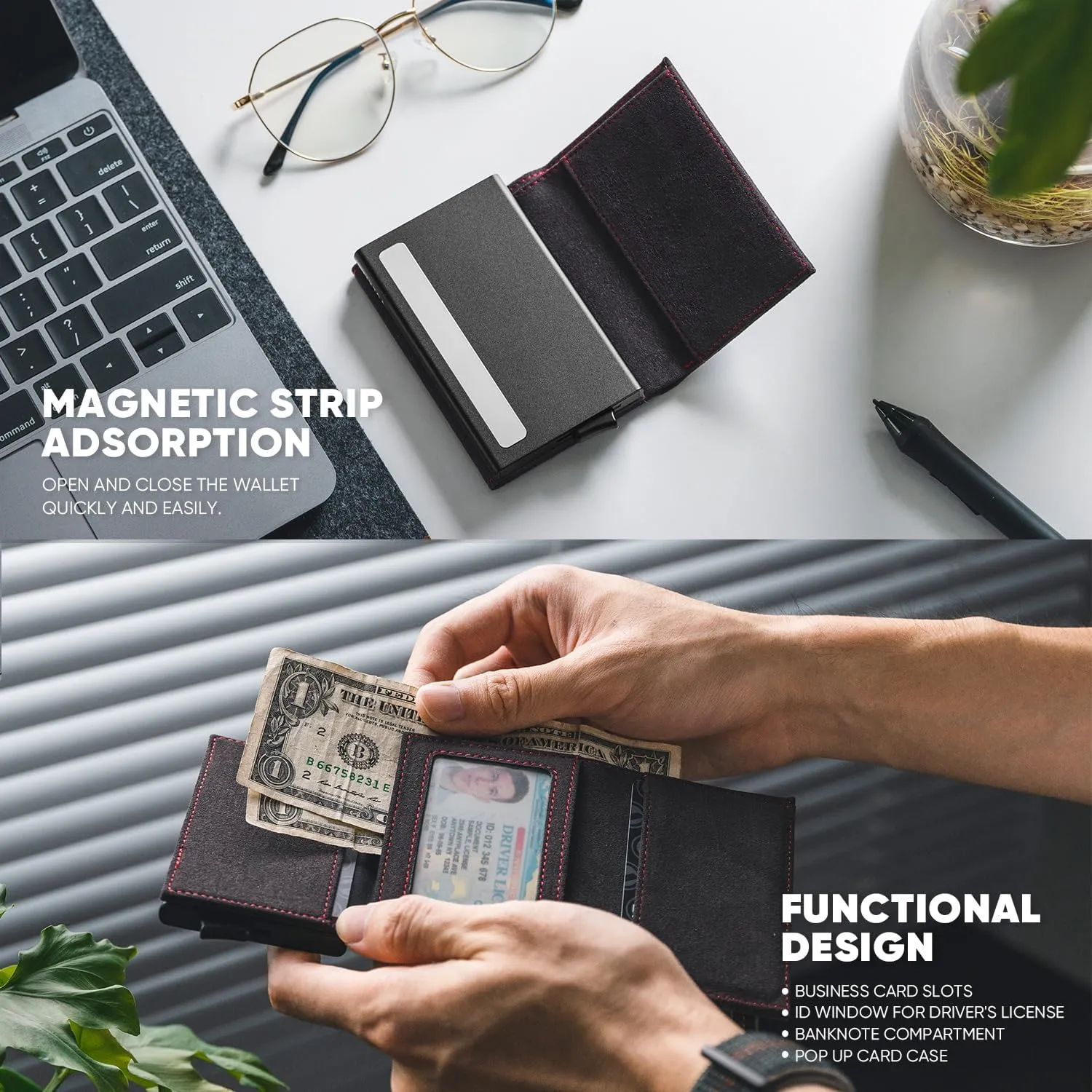 VULKIT Credit Card Holder Leather Bifold Pop up Wallet with Banknote Compartment, ID Window & Coin