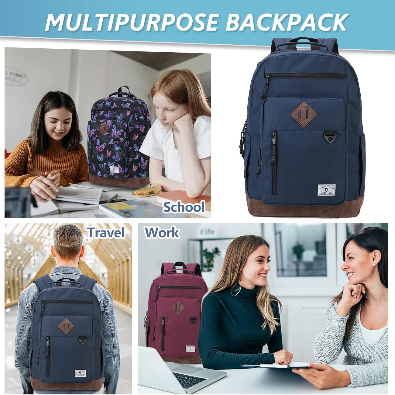 VX VONXURY Backpack for Men Women,Large 17 Inch Bookbag with Mulitiple Pockets,Classical Water Resistant Travel Backpack