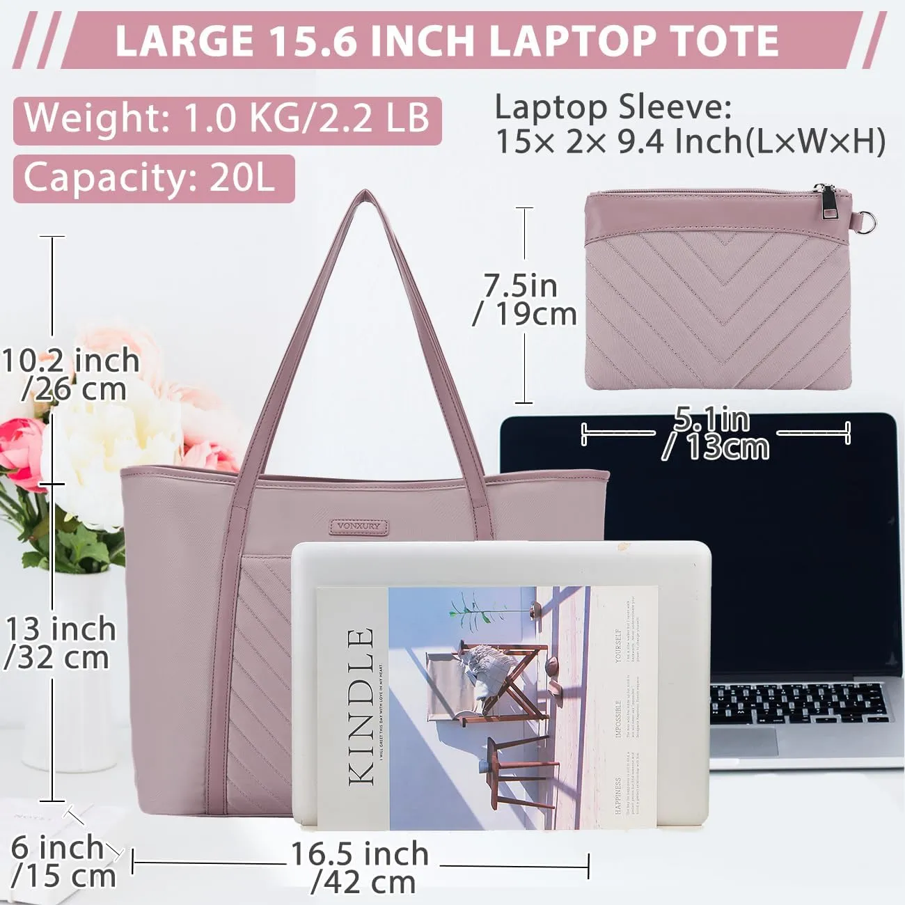 VX VONXURY Laptop Bag for Women,15.6 Inch Work Tote Professional Shoulder Handbag Ideal for Business Office