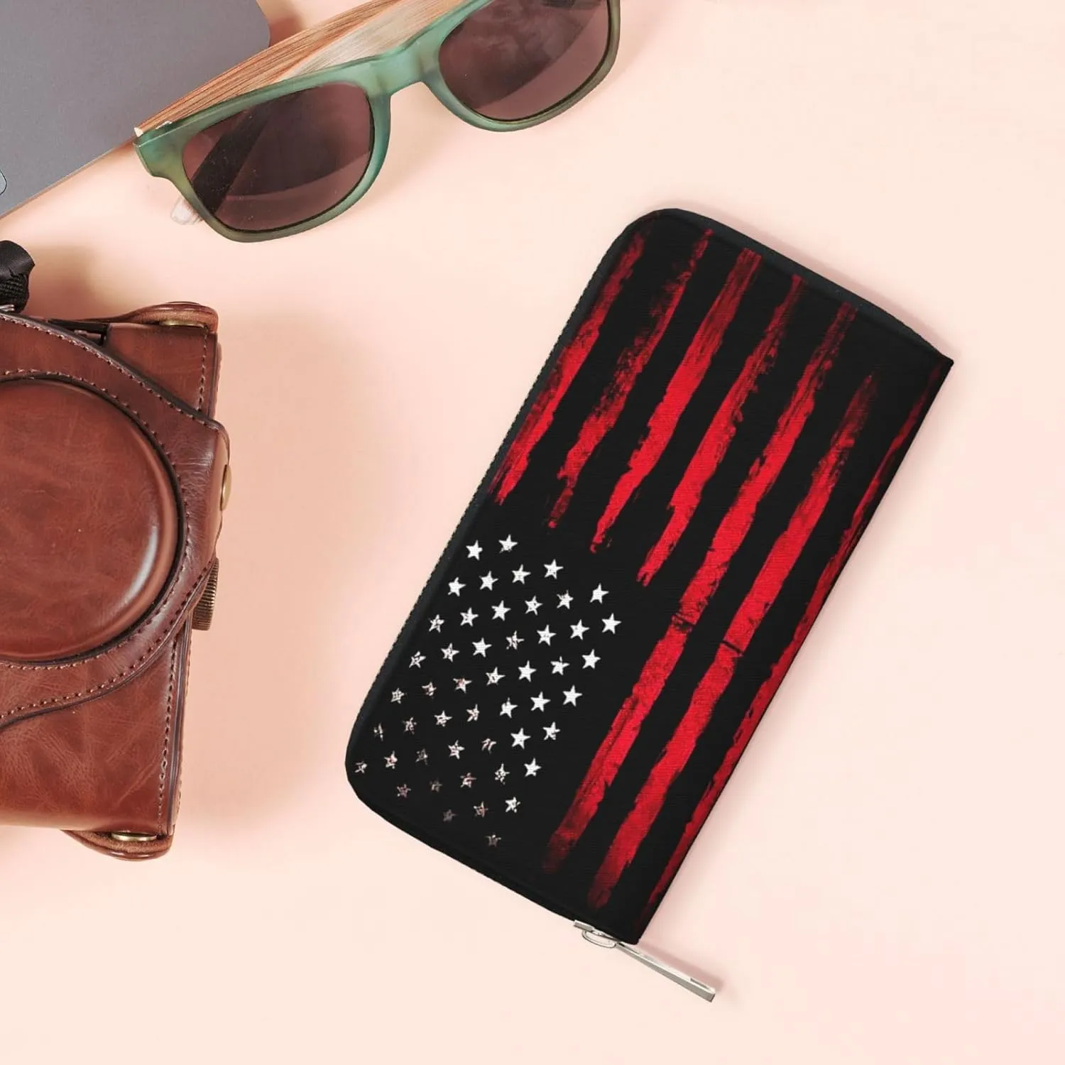 Wallet for Men PU Leather Credit Card Wallet, Cool Cash Clutch Long Purse Billfold with Zipper Coin Pocket Gift for Him Husband and Boyfriend Black Red American Flag 021