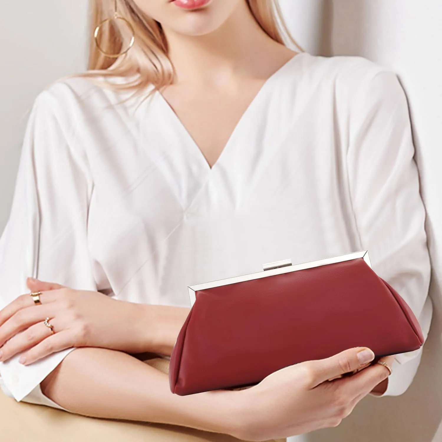 WALLYN'S Elegant Pleated Leather Clutch Purse,Soft Pleated Evening Handbag for Women Formal,Weddings,Proms,Cocktail-Gemma