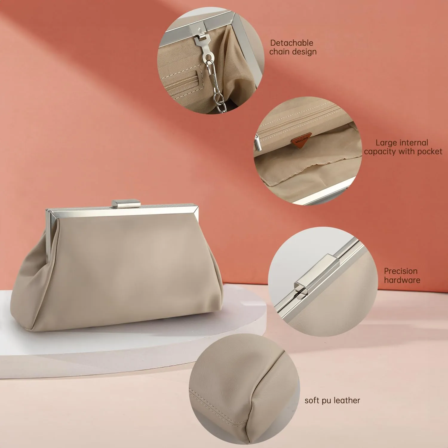 WALLYN'S Elegant Pleated Leather Clutch Purse,Soft Pleated Evening Handbag for Women Formal,Weddings,Proms,Cocktail-Gemma