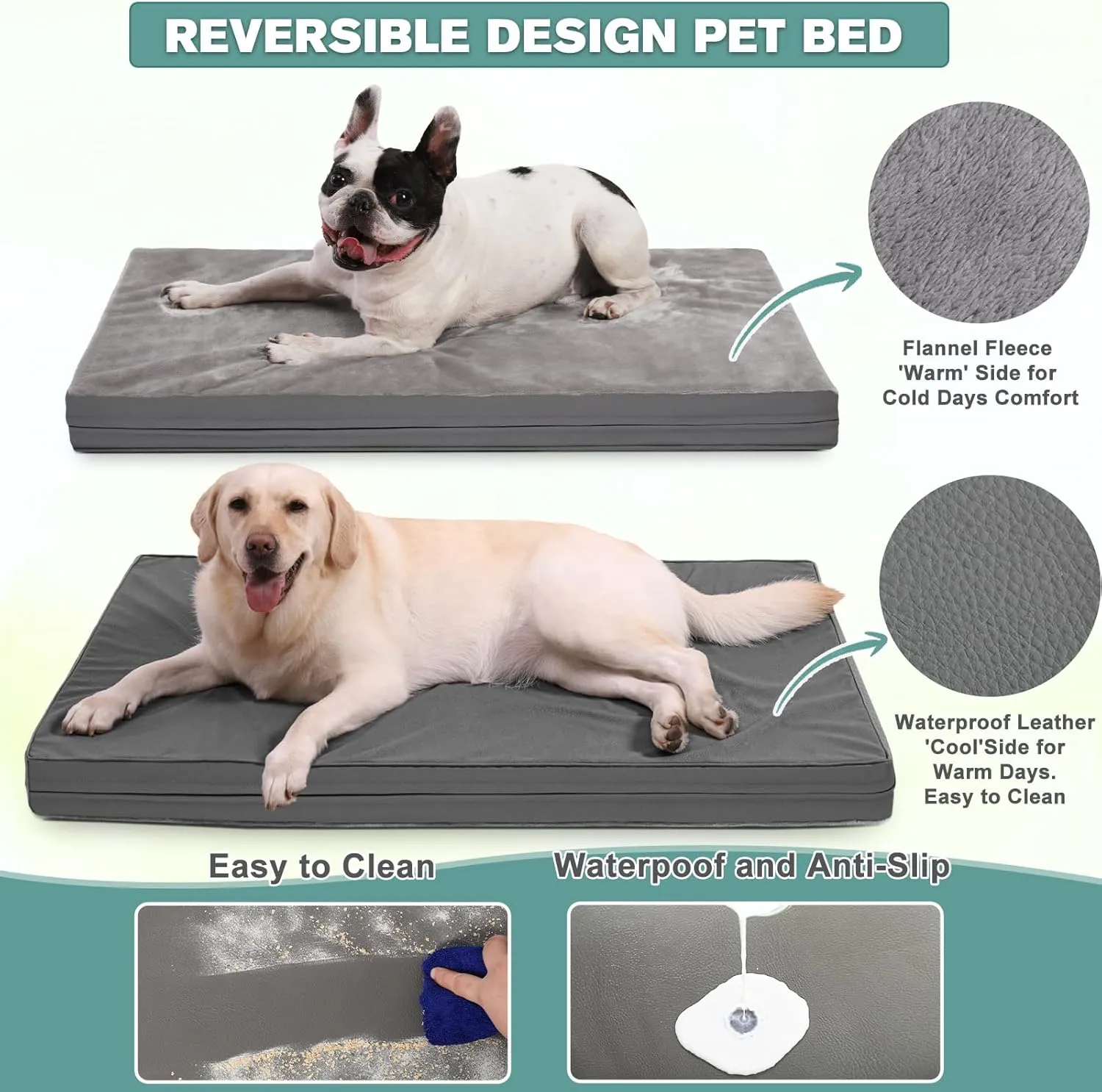 Waterproof XXL Dog Beds Large Sized Dog, Orthopedic Washable Crate Pad 48 inch, Jumbo XXLarge Foam Pet Bed with Removable Cover Reversible, Anti-Slip Kennel Pad, 47"x29", Gray