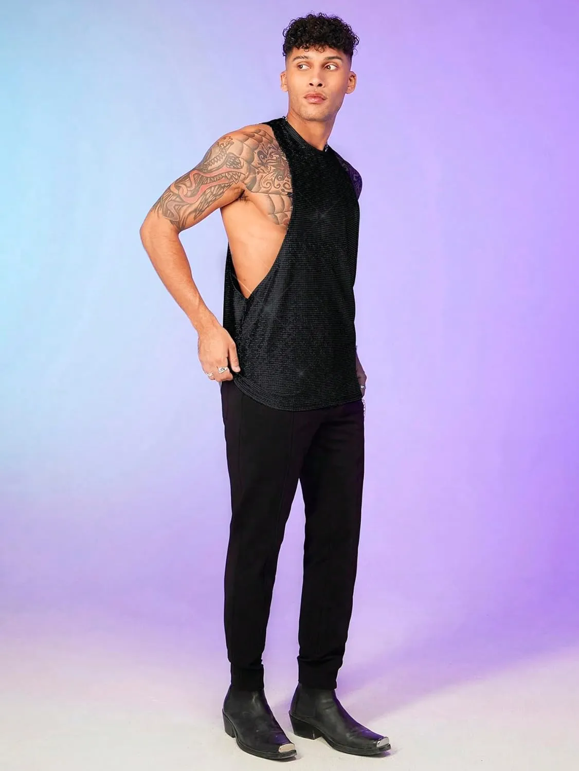WDIRARA Men's Glitter Sequin Round Neck Sleeveless Tank Tops Cut Open Side Club Party T Shirt