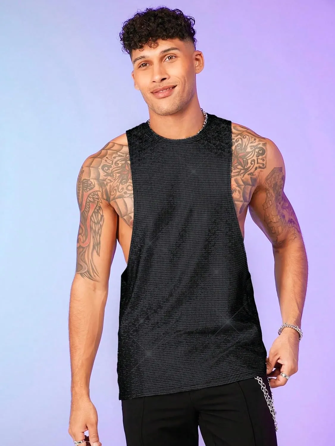 WDIRARA Men's Glitter Sequin Round Neck Sleeveless Tank Tops Cut Open Side Club Party T Shirt
