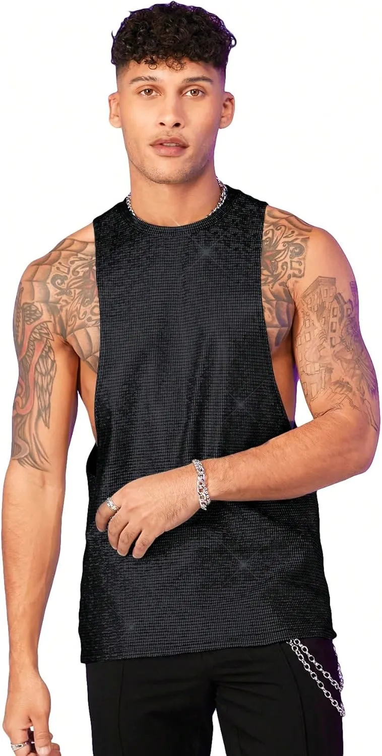WDIRARA Men's Glitter Sequin Round Neck Sleeveless Tank Tops Cut Open Side Club Party T Shirt