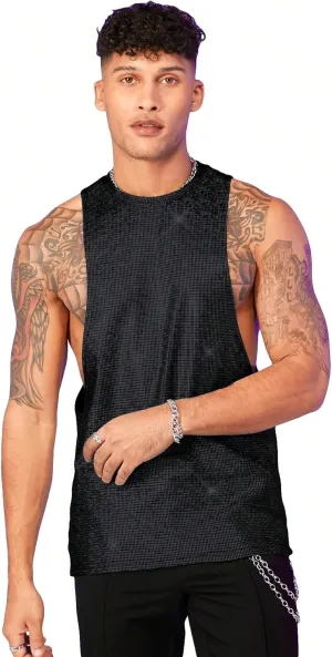 WDIRARA Men's Glitter Sequin Round Neck Sleeveless Tank Tops Cut Open Side Club Party T Shirt